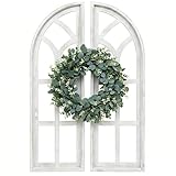 SwallowLiving Set of 2 Cathedral Arch Window Frame Wall Decor - 36' Large Rustic Farmhouse Wood Wall Art - Distressed White Architectural Hanging for Living Room, Entryway & Mantel (Glassless Design)