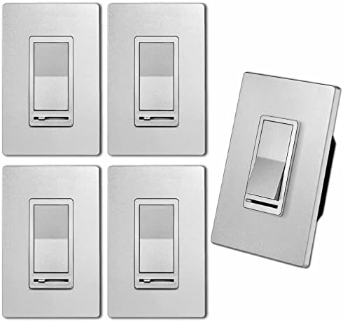 [5 Pack] BESTTEN Silver Dimmer Wall Light Switch with Screwless Wallplate, Single Pole or 3-Way, Compatible with Dimmable LED, CFL, Incandescent and Halogen Bulb, 120VAC, UL/cUL Listed