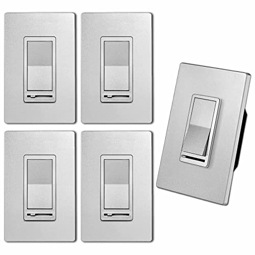 [5 Pack] Bestten Silver Dimmer Wall Light Switch With Screwless Wallplate, Single Pole Or 3-Way, Compatible With Dimmable Led, Cfl, Incandescent And Halogen Bulb, 120Vac, Ul/Cul Listed #TOP14