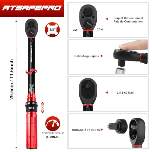 ATsafepro Clé Dynamométrique 3/8'',cle dynamometrique 5-60 Nm, Précision ±3%, Adaptateurs 1/4" & 1/2" et Barre d'Extension, pour Voiture, Moto, Vélo et Bricolag – vue 2