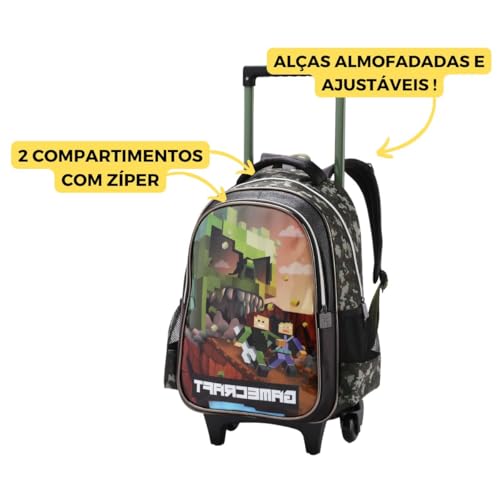 Kit Mochila Rodinha Lancheira Estojo Gamecraft Escolar