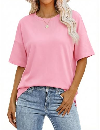 Image of Demegimi Womens Oversized T Shirts Round Neck Loose Fit Tees Pink XL
