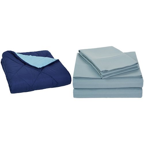 AmazonBasics Navy Blue Comforter (Full/Queen) and Spa Blue Sheet Set (Queen) Amazon.ca