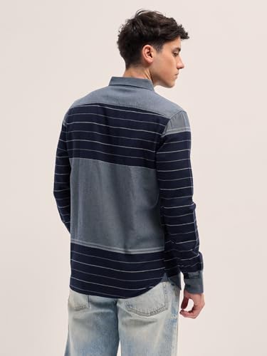 Image of THE BEAR HOUSE Men Button-Down Collar Horizontal Striped Cotton Slim Fit Casual Shirt