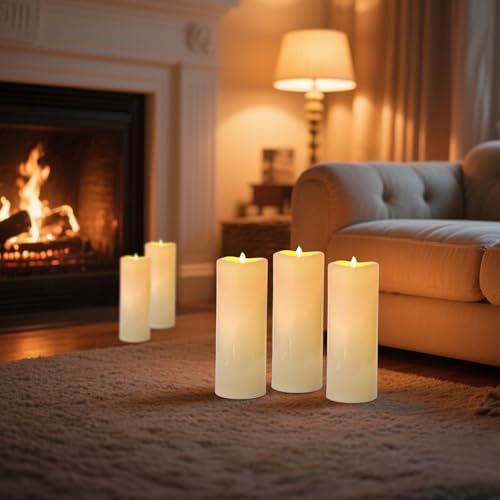 Image of Large Outdoor Flameless Candles, 5 inchx14 inch Battery Operated Electric Flickering Fake Candles with Remote, Waterproof Plastic Pillar Candles for Porch Lanterns Patio Decor (Ivory White, Set of 2)