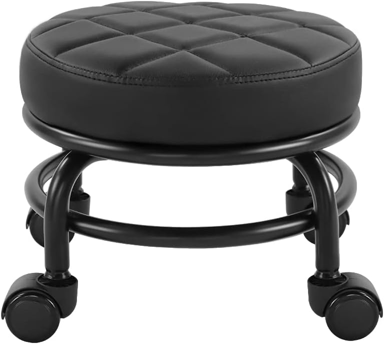 Roller Seat PU Leather Low Round Rolling Floor Stool with Universal Caster Wheels for Home Fitness Sport Pedicure Stool, H：25.5cm(Black)