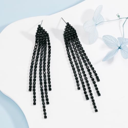 SELOVO Chandelier Tassel Dangle Linear Drop Earrings Party Jewelry Clear Austrian Crystal (3.3 inch-Black-Black Tone)2