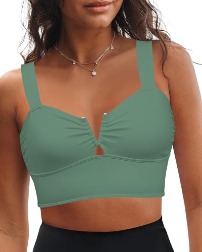 GRAPENT Swimming Tops for Women Longline Bikini Top Padded Bikini Top Swim Wear for Women 2025 Army Green Medium US Size 8-10