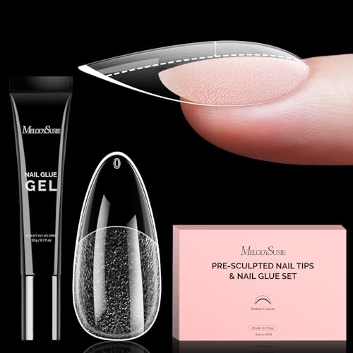 Image of MelodySusie Medium Almond Gel Nail Tips Kit-300PcsPre-Building Apex Fake Nail Tips 20g Solid Nail Glue Gel,Half Matte Full Cover Clear Acrylic Nail,15Sizes Thick Strong Long Lasting for Home DIY&Salon