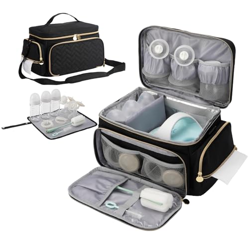 Image of PHOEBUS BABY Breast Pump Bag Compatible with Spectra S1 and S2, Large Insulated Storage with Waterproof Mat, Travel & Work Portable Pump Carrying Case for Pumping Accessories, Black