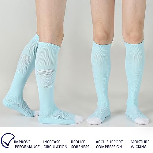 Sunew Men's Baseball Softball Socks, Prosport Arch Support Compression Soccer Knee High Wicking Moisture Solid Knee Support Cheerlead Back To School Team Game Socks Light Blue X-Large 3 Pairs #TOP3