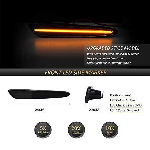D-Lumina LED Side Marker Lights Smoked Lens for Chevy Corvette C6 2005 2006 2007 2008 2009 2010 2011 2012 2013 Front Bumper Side Lights Amber LED Turn Signal Sidemarker Replacement 2 Pieces
