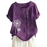  ORANDESIGNE Femme Chemisier Manches Courtes en Coton Lin Kaftan Imprimé Floral Tunique T-Shirt Baggy Tops Grande Taille B Violet XXL