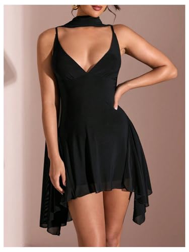 SOLY HUX Women's Deep V Neck Ruffle Mesh Dress Spaghetti Strap Asymmetrical Mini Dresses with Scarf4