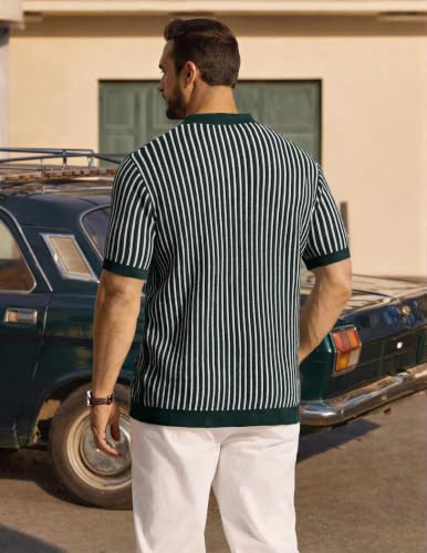 Image of COOFANDY Mens Knit Button Down Shirts Short Sleeve Polo Shirt Vintage Striped Casual Shirts