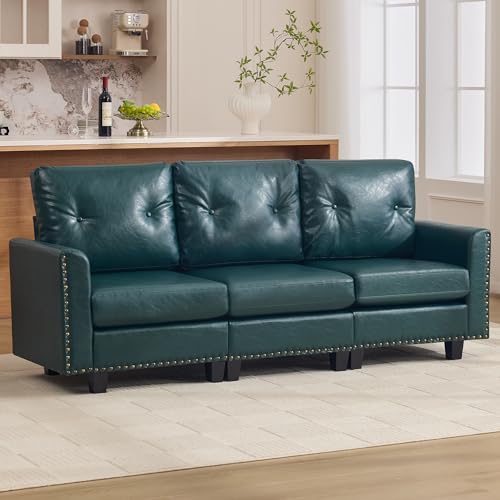 Image of 71 inch Faux Leather Modular Sectional 3 Seater Couch, Vintage PU Leather Sofa with Nailhead Trim, Mid Century Modern Tufted Couches for Living Room, Bedroom, Office, Reception, Forest Green