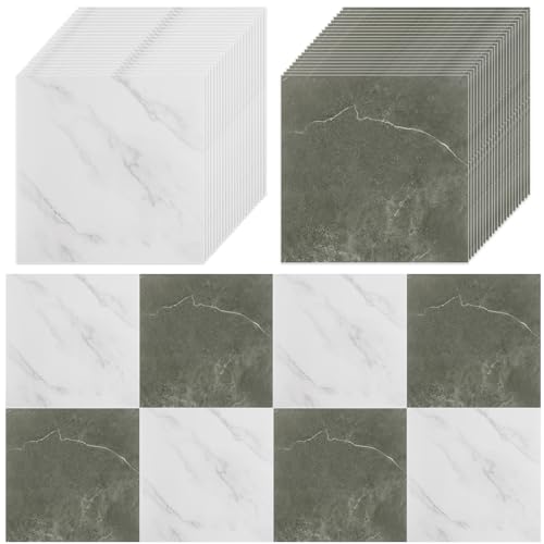 AKOLAFE 40 Sheet Vinyl Flooring 12x12 Peel and Stick Floor Tile Waterproof Clearance Vinyl Floor Tiles White & Grey Marble Self Adhesive Floor Tiles Sticky Laminate Flooring for Bathroom Kitchen RV