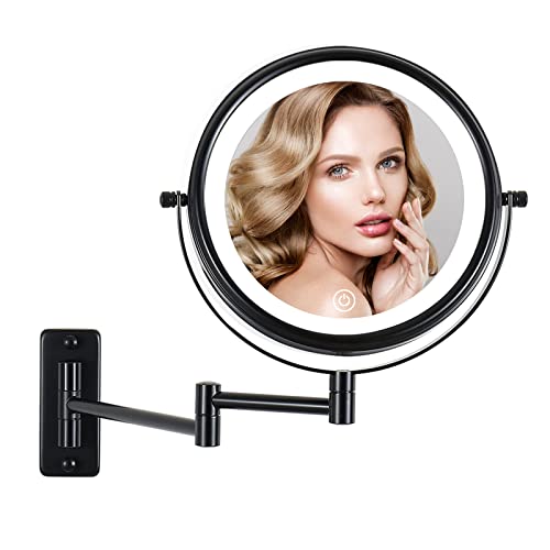 Erlingeryi Wall Mounted Lighted Makeup Mirror 10X LED Magnifying Mirror with 3 Color Lights, Double Sided, Touch Screen Dimming, Extension Bathroom Vanity Mirror (Black, 10X)