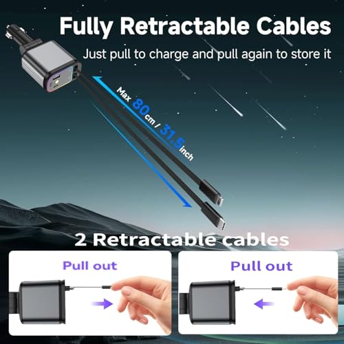 Image of 120W Fast Car Charger with 80CM Retractable Type-C & 30-pin Port Cables Charging for 4 Devices - Universal Car Mobile Charger for All Smartphones & Tablets (car Charger Adapter Fast Charging)