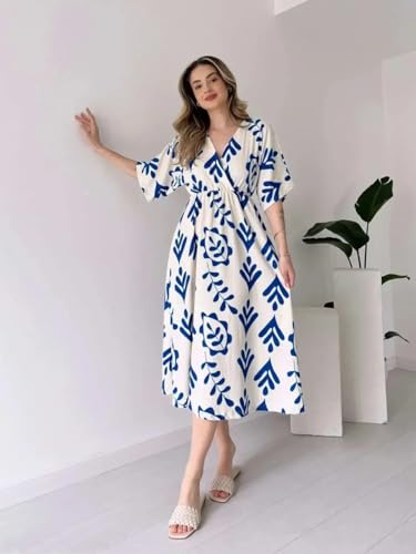 Image of Women's Summer Midi Dress - Floral Print V-Neck Casual Loose Fit Beach Dress with Short Sleeves and Elastic Waist 100% Cotton, Black and White