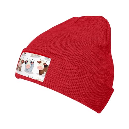 WSOIHFEC Bonnet en tricot pour femmes et hommes - Collection vache - Bonnet imprimé - Bonnet de sport à revers tendance, Rouge, Taille unique