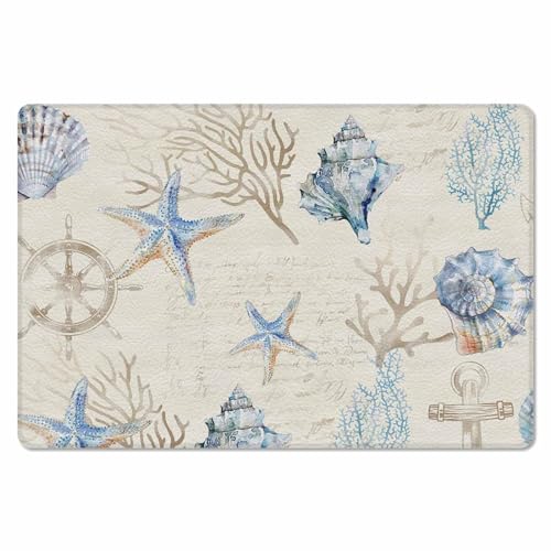 Nautical Anchor Antifatigue Kitchen Bath Door Mat Cushioned Runner Rug,Washable Welcome Floor Sink Mat,Waterproof & Non-Slip Kitchen Standing Doormat,Coastal Starfish Shell Conch Coral Blue 20