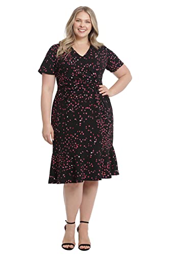 London Times Women's Plus Size V-Neck Polished Flounce Hem Twist Waist Detail Feminine Office Event Guest Of, Black/Dubarry #TOP5