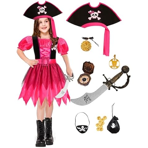 Bordazor Kids Pirate Costume for Girls Buccaneer Dress Halloween Cosply Party(9-11Years) Cover