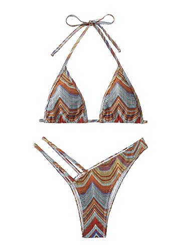 Shenhe Women's 2 Piece Striped Triangle Bikini Sets High Cut Halter Swimsuit Bathing Suit Multicolor L #TOP17