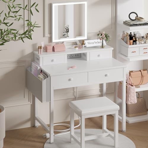 Image of White Makeup Vanity Desk with Mirror and Lights, Small Girls Vanity Set with Chair, Make Up Dresser Table with Drawers and Power Outlet for Bedroom Small Space