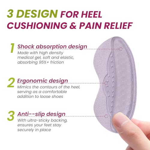 Image of Heel Pads Grips for Women Shoes - Bukihome Self-Adhesive Heel Cushion Inserts Prevent Slipping, Rubbing, Blisters, Foot Pain, Improve Shoe Fit - Gel Heel Pads for Shoes Too Big (Purple,6 Pairs)
