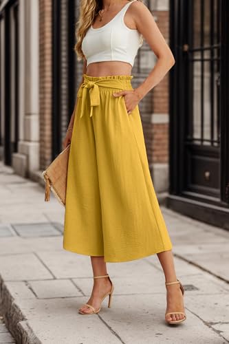 Image of IWOLLENCE Women Flowy Loose Wide Leg Pant Summer Beach Casual Trousers high Waist Adjustable Knot Business Work Casual Pants