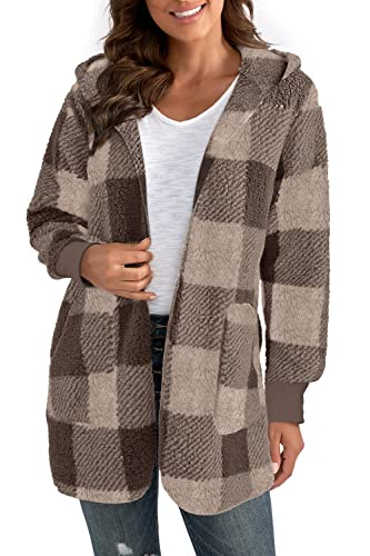 Yanekop Womens Hooded Cardigan Fuzzy Jacket Winter Open Front Fleece Coat Women's Gifts For Christmas(03 Brown Khaki,S) #TOP2
