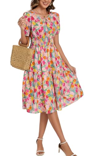 Image of Kormei Women Summer Casual Boho Floral Round Neck Short Sleeve Smocked Waist Tiered Flowy Swing Midi Dress M Pink Floral