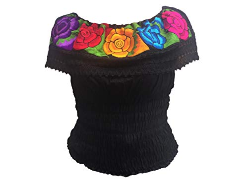 Floral Mexican Peasant Blouse - Handmade in Mexico - Mexican Poblana Peasant Blouse. (Black)
