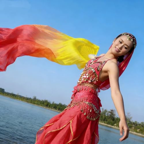 Fibama Women Chinese Belly Dance Silk Fan Veils (Left+Right) 1 Pair Long Fans for Dance Performance (Yellow Orange Red) by Fibama - Image 6