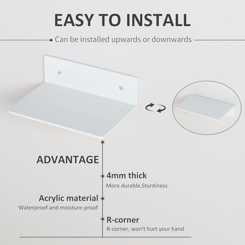Image of Hexsohoma 9 Inches White Floating Shelves, Acrylic Wall Shelves for Living Room, Bedroom, Bathroom, Kitchen, Office, Brand Store, Retails, Gaming Room, 4 Pack
