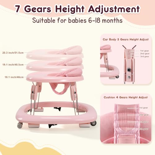 Image of Baby Walker with Wheels, One-Touch Foldable Walker & 7‑Level Height Adjust