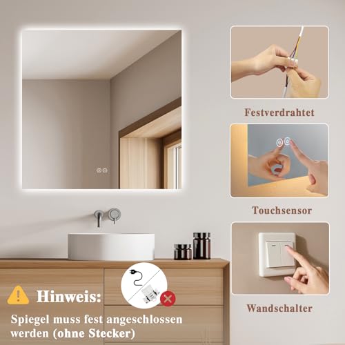 Archaluxe Badspiegel-mit-Beleuchtung 70x70cm - LED Badezimmerspiegel Badezimmer Spiegel mit Beleuchtung, Touch-Schalter, Dimmbar… – Ansicht 4