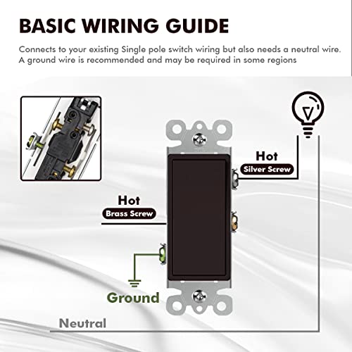 Decora Light Switch, Single Pole Paddle Rocker Residential Grade 3 Wires Grounding Screw 15A 120V/277V Ul Listed Micmi Brown (Single Pole, With Wallplates 10 Pack) #TOP3