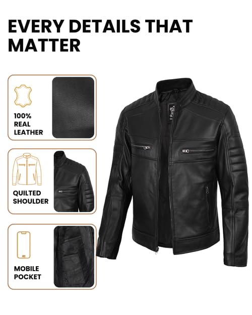 Image of Decrum Cafe Racer Leather Jacket for Men - Real Lambskin Motorcycle Style Mens Jacket with Zipper Closure