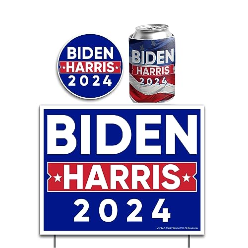 VictoryStore Biden Harris 2024 Bundle, Includes 11 Inch x 14 Inch Yard Sign with Stakes, Biden Harris 2024 Can Cooler and Biden Harris 2024 Decal (13449)