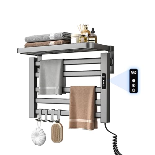 Fizuuye - Secador de toallas eléctrico, secador de toallas de baño, 55 x 40 x 22 cm, Warm Towel, temporizador, pantalla LCD, bajo consumo, con soporte de almacenamiento plegable y 4 ganchos