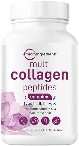 Micro Ingredients Multi Collagen Pills for Women & Men, 240 Capsules | Type I, II, III, V, X - Hydrolyzed Collagen Peptides with Biotin, Hyaluronic Acid & Vitamin C | Hair, Skin, Nail & Joint Support
