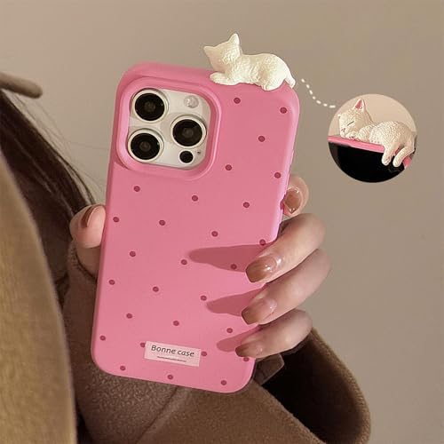 Compatibile con iPhone 16 Pro graziosa custodia protettiva tridimensionale con grazioso gatto 3D antigraffio per 16 Pro Rose Powder silicone