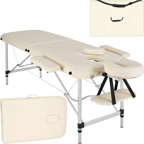 tectake Massageliege 2 Zonen, Massagetisch, Massageliege klappbar, höhenverstellbare Aluminium Massageliege, Portable Massagebank inkl. Zubehör, Alu-Kopfstütze, Armlehne und Tragetasche - beige