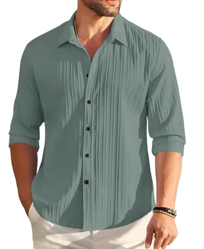 Image of Men's Casual Button Down Shirts Long Sleeve Linen Shirt Fashion Textured Beach Summer Shirt
