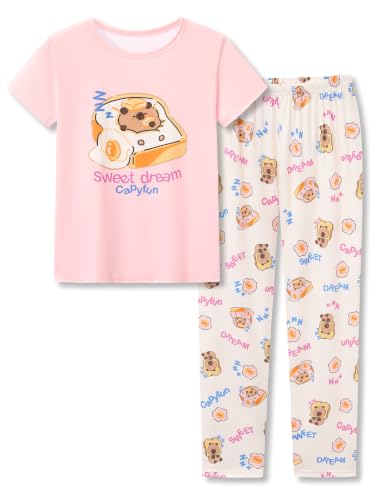 Image of Beezizac Girls Pajamas Cute Print Short /Long Sleeve Pants Set Size 6-18 | Soft Stretch Poly Blend, Comfy Crewneck, Elastic Waist Pants, Everyday & Holiday Sleepwear for Big Girls, Tweens & Teens