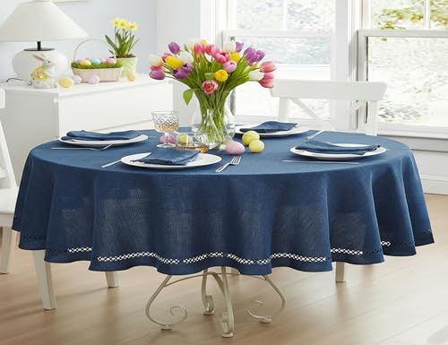 Newbridge Spring & Easter Holiday Fabric Oval Tablecloth, 60 x 84 Inch, Provence Lattice Cutwork Solid Color Textured, Water and Stain Resistant Easy Care Table Cloth for Parties, Denim Blue
