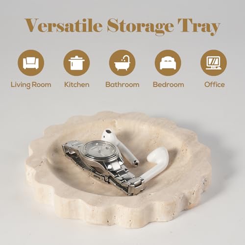 Koville Travertine Jewelry Dish, 5.51" Round Trinket Dish for Ring Necklace Earring Perfume, Natural Stone Decorative Tray for Countertop Bathroom Kitchen Dresser, Beige Travertine Tray - Image 6